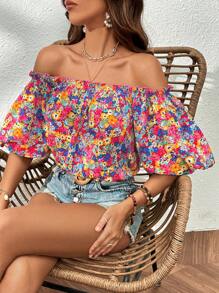 SHEIN VCAY 碎花一字肩褶邊泡泡袖襯衫 - 彩色 - 查看 3