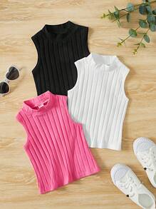 SHEIN 3pcs/Set Young Girl Solid Color Sleeveless Mock Neck Tank Tops - Multicolor - View 4