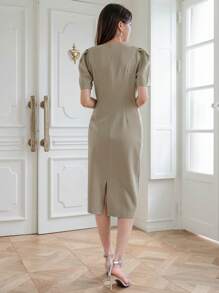 DAZY Vestido unicolor de manga farol con diseño fruncido con abertura trasera