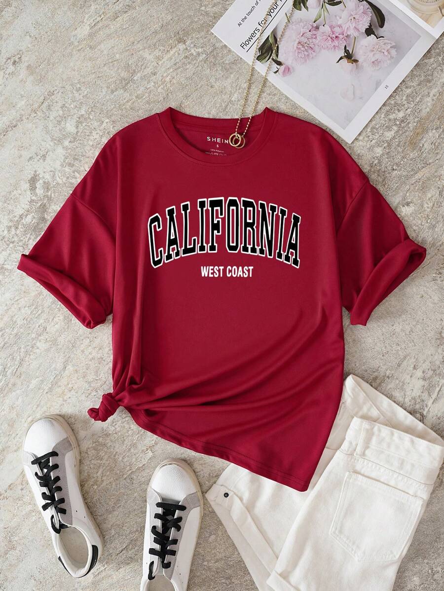INAWLY Letter Graphic Tee - Burgundy - View 1