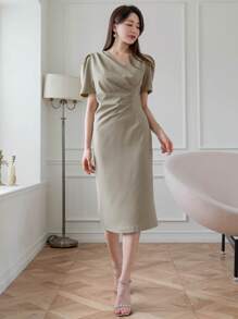 DAZY Vestido unicolor de manga farol con diseño fruncido con abertura trasera