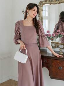 DAZY 方領荷葉袖上衣和裙子 - 淡紫色 - 查看 3