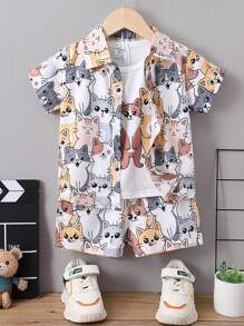 SHEIN Bộ đồ ba mảnh ngắn tay hình chú mèo dễ thương cho cậu bé hoạt hình đơn giản có cổ bẻ cho mùa hè - Nhiều màu - Xem 1