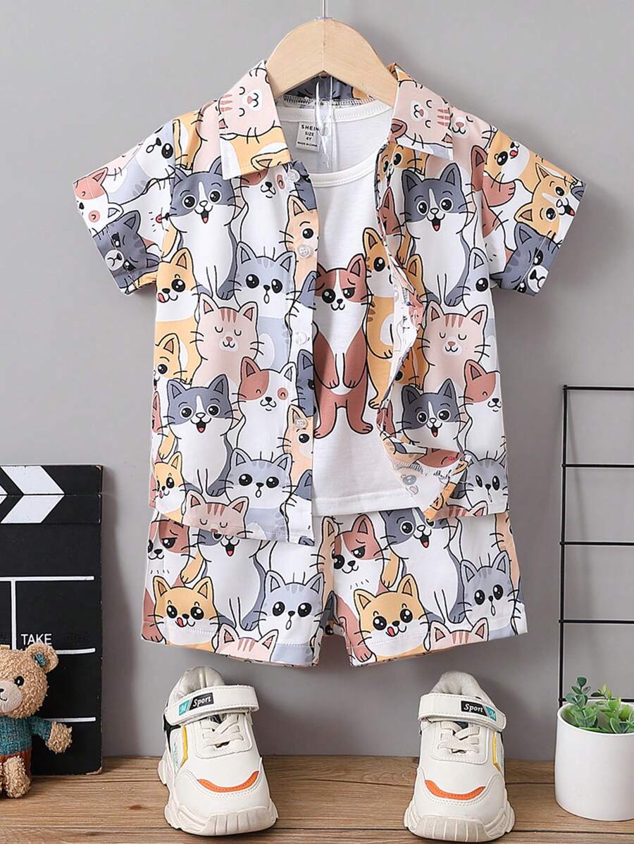 SHEIN Bộ đồ ba mảnh ngắn tay hình chú mèo dễ thương cho cậu bé hoạt hình đơn giản có cổ bẻ cho mùa hè - Nhiều màu - Xem 1