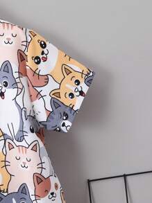 SHEIN Bộ đồ ba mảnh ngắn tay hình chú mèo dễ thương cho cậu bé hoạt hình đơn giản có cổ bẻ cho mùa hè - Nhiều màu - Xem 7