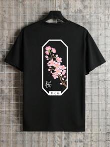 Men Floral & Japanese Character Graphic Tee - Black - View 1