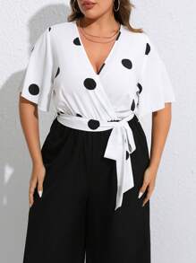 SHEIN Clasi Plus Polka Dot Print Belted Wide Leg Jumpsuit - Black and White - View 3