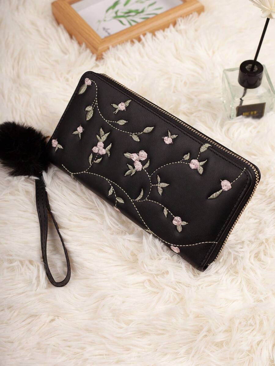 Women's Embroidered Long Wallet With Multiple Card Slots, Comes With A Pendant - Black - View 1