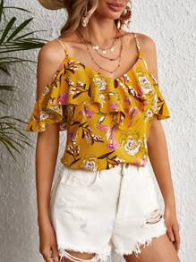 SHEIN VCAY Floral Print Cold Shoulder Ruffle Trim Blouse - Yellow - View 3