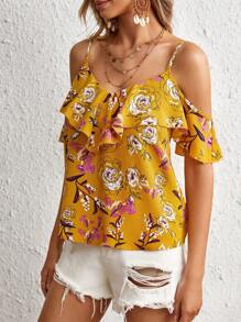 SHEIN VCAY Floral Print Cold Shoulder Ruffle Trim Blouse - Yellow - View 4