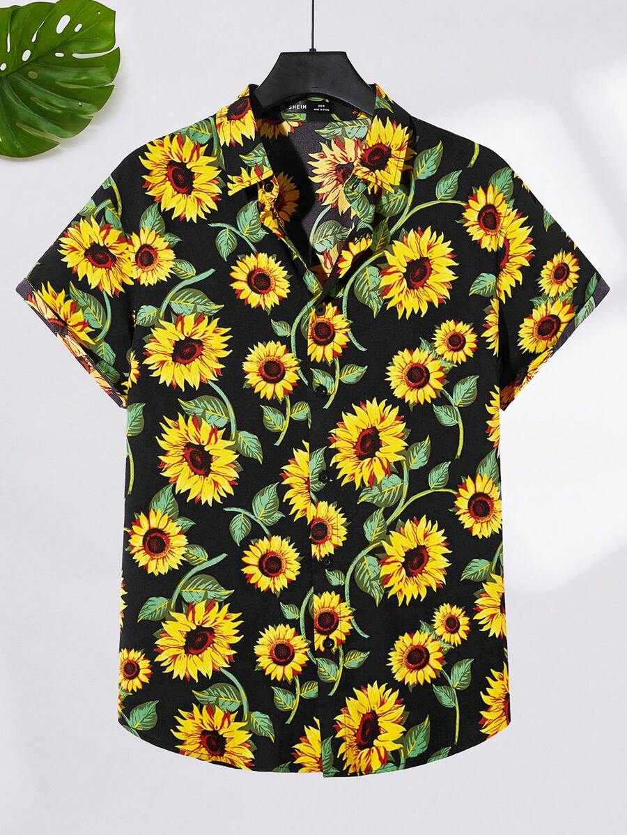 Sunflower Black Print Men's Short Sleeve Shirt
