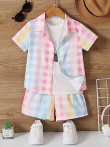 SHEIN Bộ thời trang bé trai Nút phía trước Kẻ sọc Giải trí - Nhiều màu - Xem 1