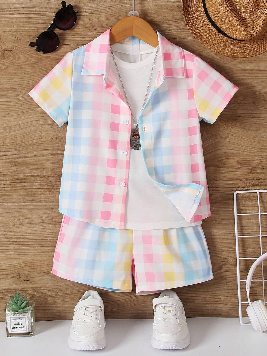 SHEIN Bộ thời trang bé trai Nút phía trước Kẻ sọc Giải trí - Nhiều màu - Xem 1