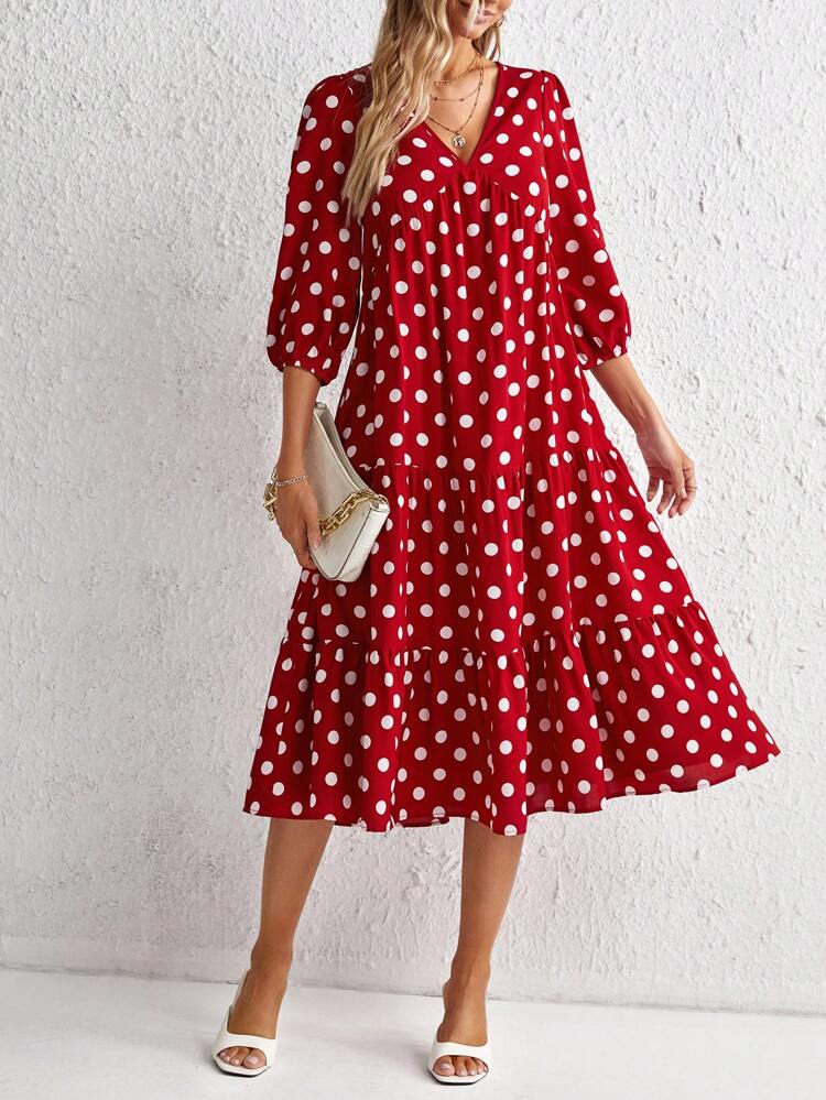 Polka Dot Print Lantern Sleeve Ruffle Hem Smock Dress,Polka Dot Dress