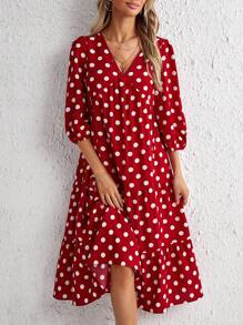 SHEIN Clasi 波點圖案燈籠袖荷葉邊娃娃裙