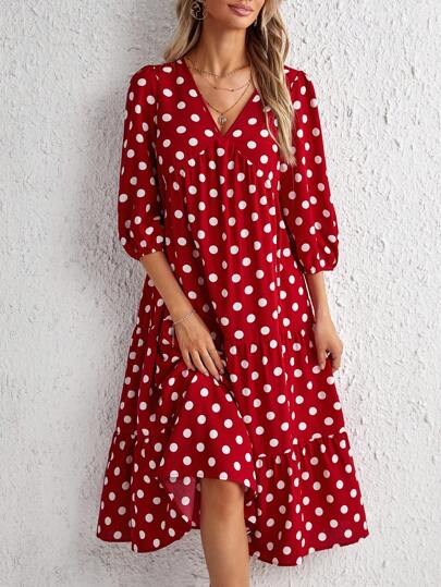 SHEIN Clasi 波點圖案燈籠袖荷葉邊娃娃裙