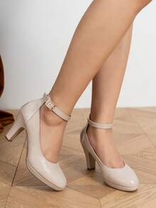 1双搭扣粗跟高跟鞋，纯色百搭，适合通勤、商务、派对等场合，优雅的闭趾女鞋 - 杏色 - 查看 4