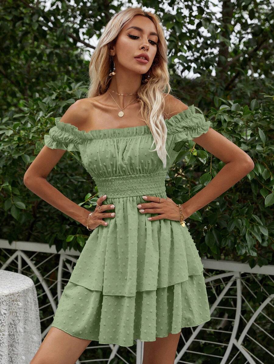 SHEIN VCAY Vestido de hombros descubiertos ribete fruncido pecho con fruncido - Verde - Ver 1