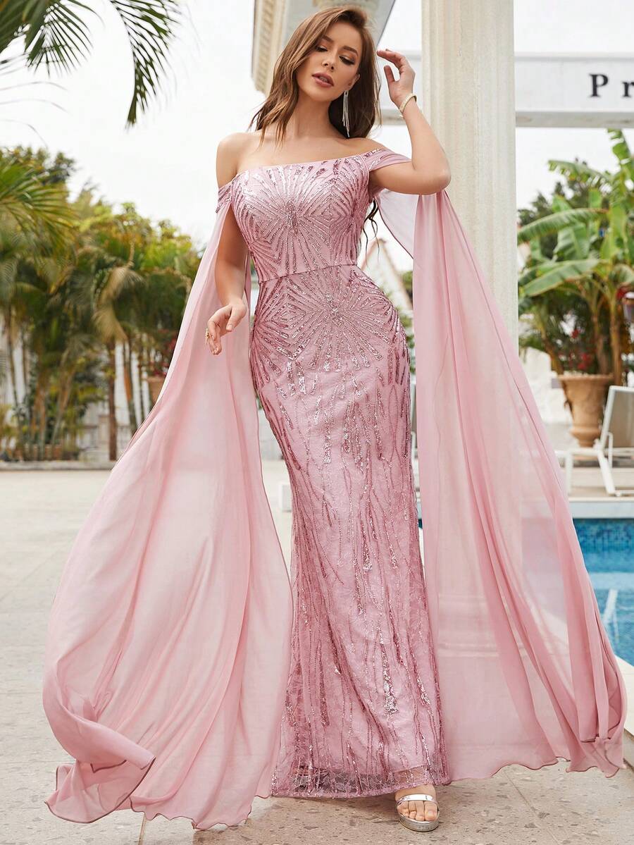 Robe de soirée élégante à épaules dénudées, manches cape, paillettes, manches longues pour bal de promo, soirée, mariage. Convient pour la remise des diplômes, les dîners.
