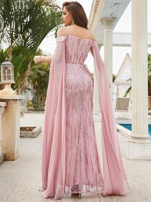 Robe de soirée élégante à épaules dénudées, manches cape, paillettes, manches longues pour bal de promo, soirée, mariage. Convient pour la remise des diplômes, les dîners. - Rose pâle - Voir 3