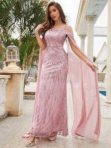 Robe de soirée élégante à épaules dénudées, manches cape, paillettes, manches longues pour bal de promo, soirée, mariage. Convient pour la remise des diplômes, les dîners. - Rose pâle - Voir 6