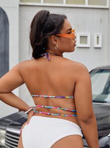 Swim EVENT Plus Allover Print Twist Front Halter Neck Backless Bikini Top - Multicolor - View 2