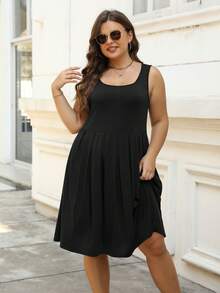 Đầm Plus Size Xếp li Túi màu trơn Giải trí - màu đen - Xem 4