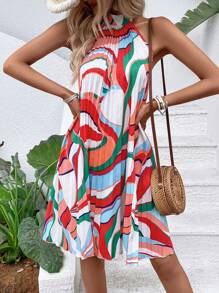 SHEIN VCAY Allover Print Pleated Detail Halter Dress - Multicolor - View 6
