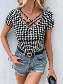 SHEIN Privé Áo thun nữ Hội Chữ thập răng cưa Giải trí - Đen và trắng - Xem 5