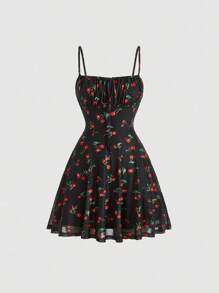 SHEIN MOD Cherry Print Ruched Bust Cami Summer Pastoral Short Style Dress