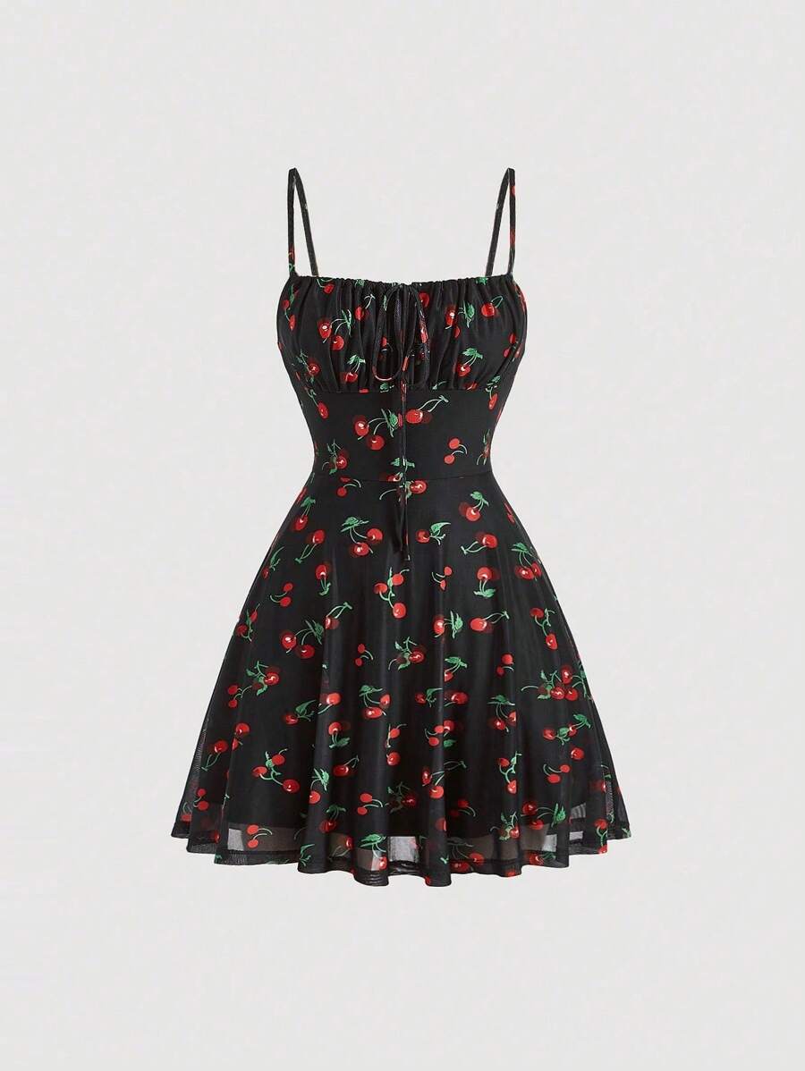 SHEIN MOD Cherry Print Ruched Bust Cami Summer Pastoral Short Style Dress