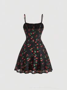 SHEIN MOD Cherry Print Ruched Bust Cami Summer Pastoral Short Style Dress
