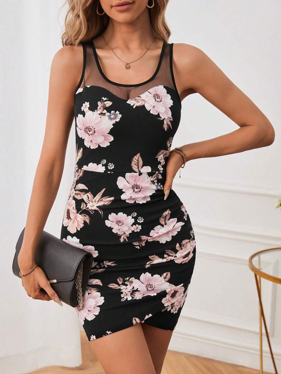 SHEIN Clasi 印花嵌入網紗鬱金香下擺緊身洋裝 - 彩色 - 查看 1