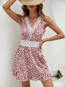 SHEIN Frenchy Ditsy Floral Print Guipure Lace Insert Dress Summer Vacation White