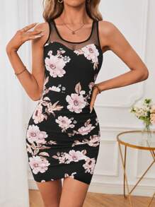 SHEIN Clasi 印花嵌入網紗鬱金香下擺緊身洋裝 - 彩色 - 查看 5