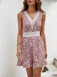 SHEIN Frenchy Ditsy Floral Print Guipure Lace Insert Dress Summer Vacation White