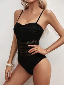 SHEIN Swim Summer Beach Contrast Lace One Piece Swimsuit - Black - View 4