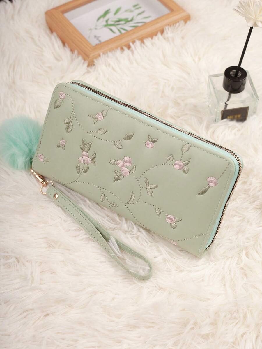 Billetera larga de mujer con bordado y múltiples compartimentos para tarjetas con colgante - Verde - Ver 1