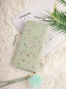 Billetera larga de mujer con bordado y múltiples compartimentos para tarjetas con colgante - Verde - Ver 3