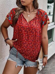 Sunserae Regular Plus Ditsy Floral Print Tie Neck Raglan Sleeve Blouse For New Year Clothes Tropical Colorblock Floral Print Boho Vacation Fashionable Style For Summer - Red - View 6