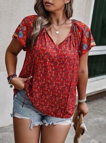 Sunserae Regular Plus Ditsy Floral Print Tie Neck Raglan Sleeve Blouse For New Year Clothes Tropical Colorblock Floral Print Boho Vacation Fashionable Style For Summer - Red - View 4