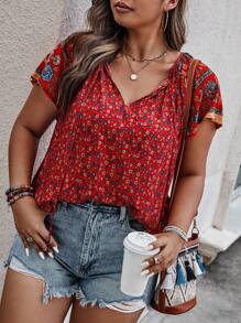 Sunserae Regular Plus Ditsy Floral Print Tie Neck Raglan Sleeve Blouse For New Year Clothes Tropical Colorblock Floral Print Boho Vacation Fashionable Style For Summer - Red - View 5