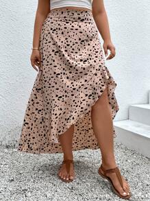 SHEIN LUNE Falda con estampado de lunares ribete con fruncido - Albaricoque - Ver 4