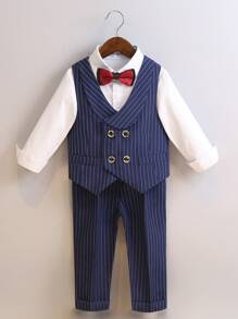 Toddler Boys Bow Front Shirt & Striped Vest Jacket & Pants - Blue and White - View 1
