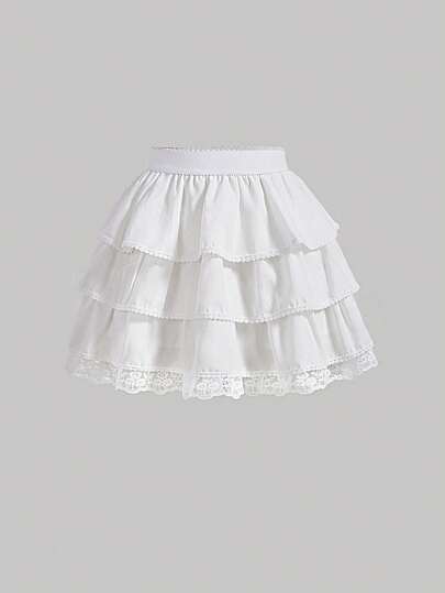 SHEIN MOD Contrast Lace Layer Hem Skirt Ruffle Skirtskirt White