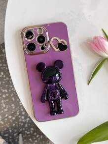 Vỏ điện thoại trang trí trái tim rhinestone với giá đỡ thiết kế gấu - Màu tím - Xem 3