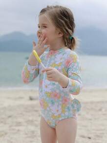 小女孩花朵印花連身泳衣長袖可折疊花卉泳衣三角褲防曬