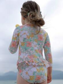 小女孩花朵印花連身泳衣長袖可折疊花卉泳衣三角褲防曬