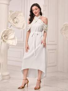 Modelyn Cold Shoulder Asymmetrical Hem Belted Dress - White - View 5