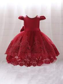Lace Trim Bow Decor Sweet & Cute Princess Dress, Suitable For Outing And Holiday, Excluding Headband - 酒紅色 - 查看 3